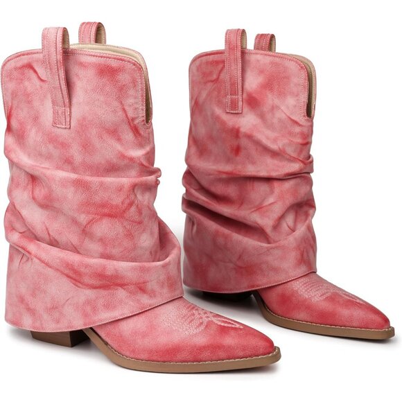 Women's Pink Leather Vintage Retro Mid Calf Chunky Heels Western Cowgirl Boots - Picture 6 of 8
